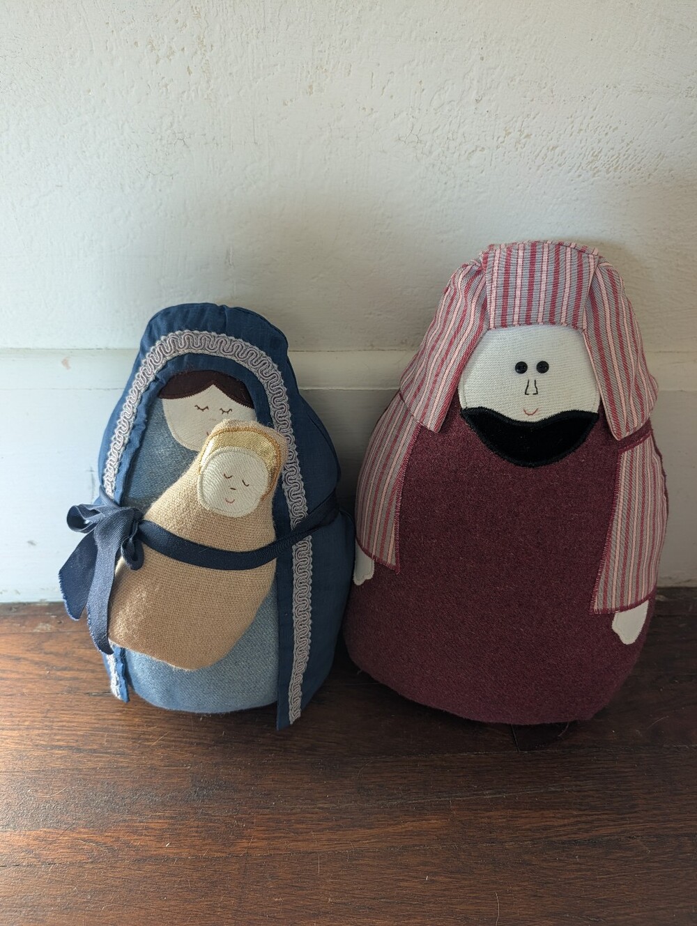 Vintage Handmade Fabric Nativity Set Folk Art Plush Mary Joseph Baby Jesus 3pc